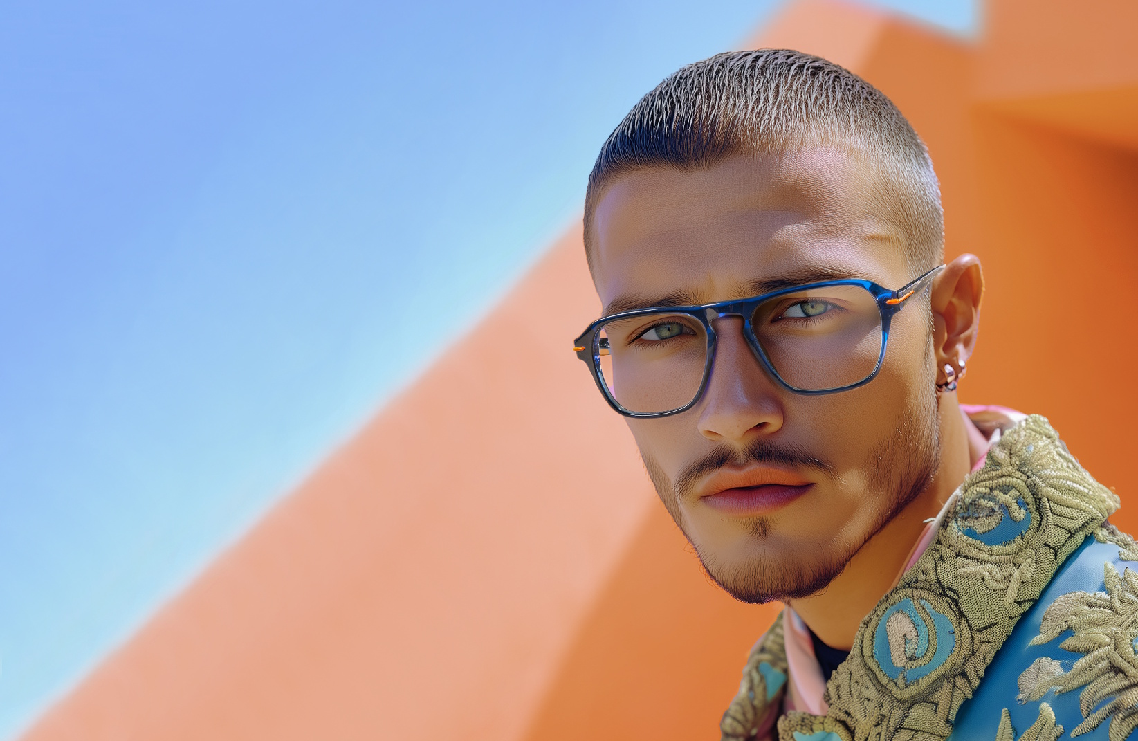 Un homme porte des lunettes bleues de la marque Woodys. Il a les cheveux très courts, une jolie chemise travaillée avec de la passementerie or et vert. Il pose dans un paysage qui rappelle les pyramides et le désert.