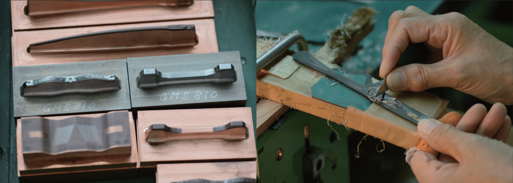 photo de l'atelier de lunettes Masunagamettant en scène des mains à l'ouvrage et des presses en train de mettre en forme les matières premières