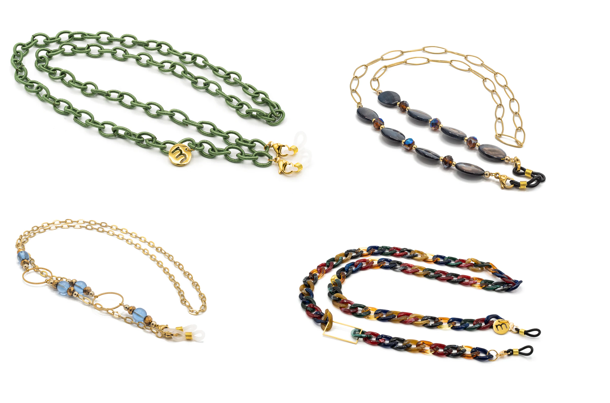 selection de 4 chaines à lunettes de la marque Marlone en perle, passementerie, pierres, acétate