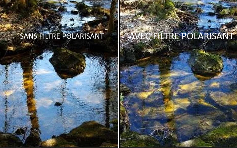 Différence de perception d'un point d'eau avec un filtre polarisé et sans filtre polarisé