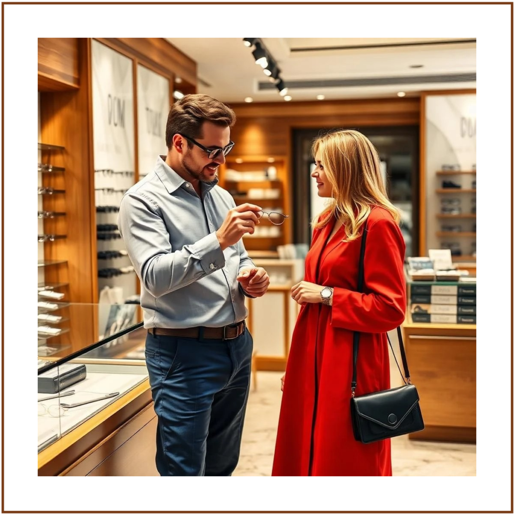 Un opticien aide une femme à choisir ses nouvelles lunettes dans un magasin d'optique