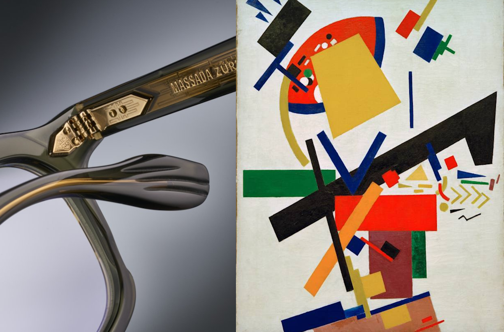 Charnière de lunettes de la marque Massada dont l'inspiration vient des oeuvres de Kazimir Malevich