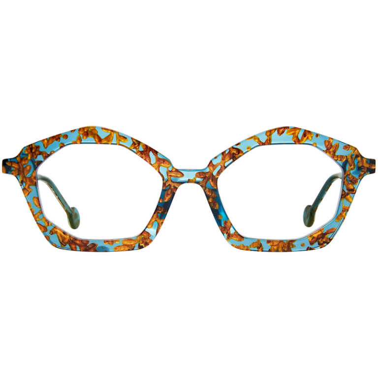 Lunettes L A Eyeworks, modèle Bucatini, d'une forme papillon dans un joli cristal bleu orné de fleurs dorées