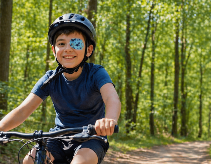 un jeune garçon faisant du vélo dans la forêt porte un cache sur l'oeil. Il est heureux