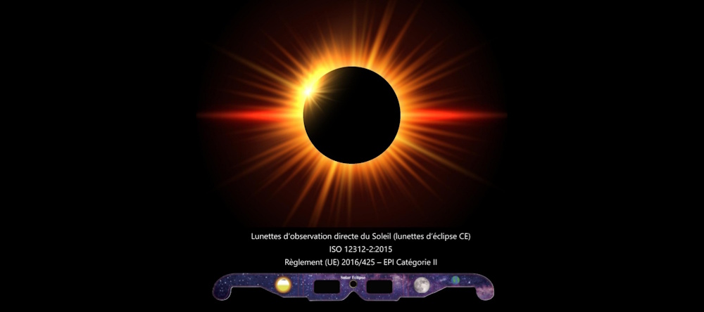 Image d'une éclipse totale et de lunettes d'éclipse certifiée ISO12312-2:2015